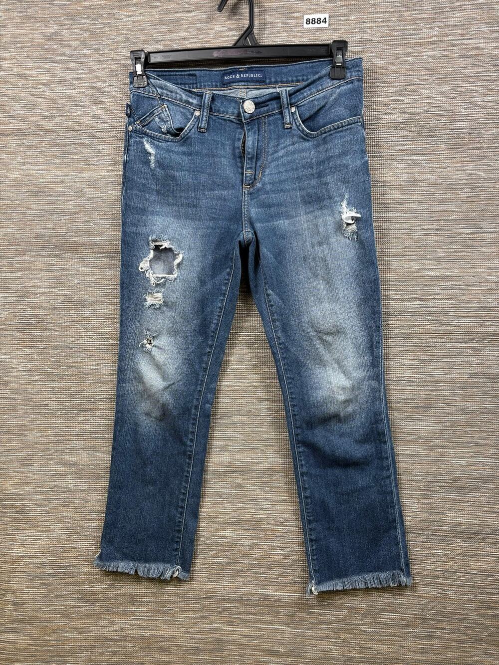 Rock & Republic Jeans Womens 8 Blue Mid Rise Slim Straight Distressed Fringe Hem